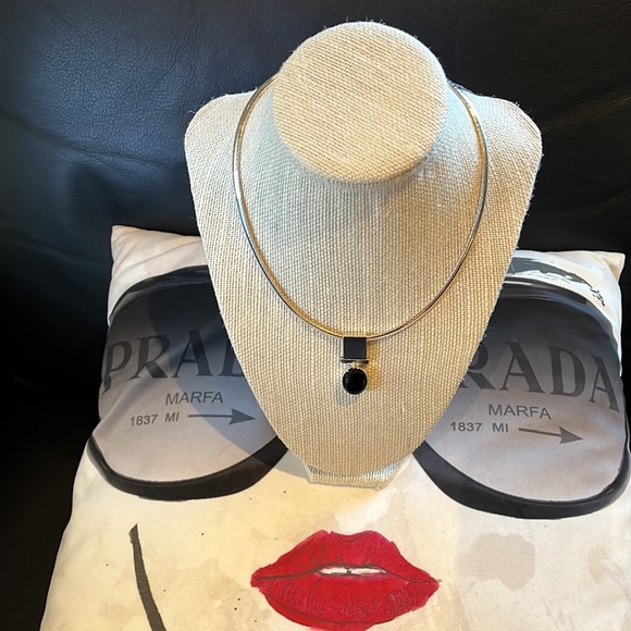 VINTAGE NECKLACE & ONYX PENDANT STAMPED STERLING SILVER MEXICO 925 - Picture 2 of 13